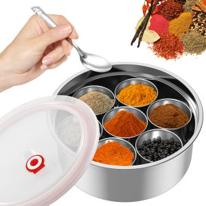 Masala Dabba Spice Box Stainless Steel Spice Storage Container with 7 Compartments Indian Spice Box with Transparent Lid & Spoon