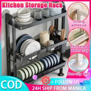 2/3 Tier Kitchen Sink Dish Storage Rack Narrow Edge Dish Drainer Dish Storage Rack Wall Mount Multi-Functional Dish Rack No-Drilling Required Metal Bowl Plate Holder Large Capacity Countertop Storage With Non-Slip Feet