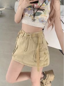 Váy Ngắn Denim Chữ a Cạp Cao Cho Nữ Mùa Hè Chống Hở Hang Váy Ngắn Bó Sát Che Mông Phong Cách Công Sở