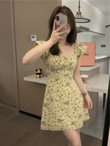 French Elegant Floral Summer Dress Womens High Waist Square Collar Mini Dress Date Appointment Short Sleeve A-Line Skirt