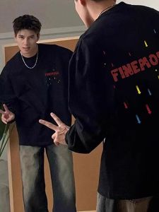 American Retro Heavyweight Pure Cotton Long Sleeve T-Shirt Mens Loose Fit Spring Autumn Lazy Style Trendy Black Student Wear