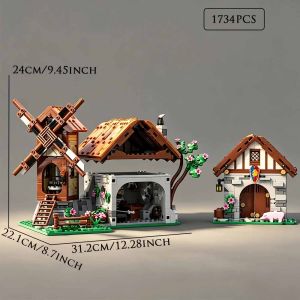 MOC Medieval Windmill Farm Cottage Building Blocks Retro European House Architecture Collectible Model Toys Gift 1734Pcs
