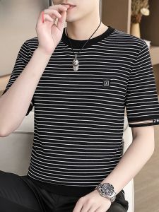 HENGYUANXIANG | Hengyuanxiang Ice Silk Knitted Short Sleeve Striped Mens T-shirt Fashionable Summer Base Shirt Youthful Urban Style Top