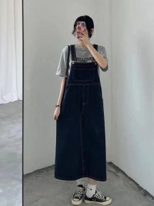 Korean Style  Denim Skirt Strap Dress Women Spring Summer plus Size Loose Midi Length Halter Neck Dress A-Line Silhouette