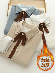 เสื้อเชิ้ตผู้หญิงหนา แขนยาว ขนแกะ ฤดูใบไม้ร่วง/ฤดูหนาว เสื้อชั้นใน สไตล์วิทยาลัย ขนาดเล็ก เสื้อเชิ้ตผู้หญิง