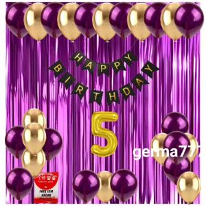 Paket Set Dekorasi Backdrop Pesta Balon Ulang Tahun Anak Banner Happy Birthday Hitam Tirai Ungu