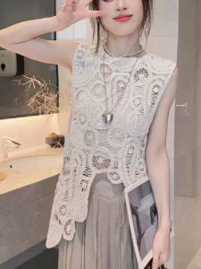 เสื้อกั๊กถักแบบไม่สมมาตรสำหรับผู้หญิงในช่วงฤดูร้อน ชุดว่ายน้ำสไตล์โบฮีเมียน แขนกุด ปกเสื้อ ผ้าฝ้ายผสมโพลีเอสเตอร์