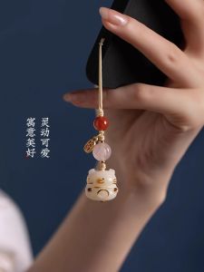 Handcrafted Natural White Root Charcoal Burning Cat Phone Strap Womens High-End Phone Chain Pendant Couples Phone Case Decorative Pendant
