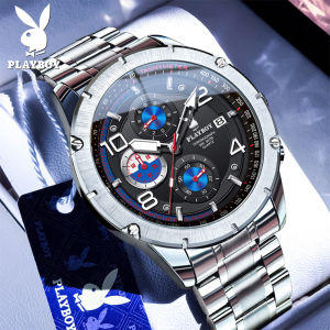 PLAYBOY นาฬิกา ผู้ชาย กัน น้ำ ของแท้ 2025 ใหม่ สายสแตนเลส โครโนกราฟ กันกระแทก ปฏิทิน ส่องสว่าง ลำลอง แฟชั่น นาฬิกาควอตซ์ ประกัน 1 ปี