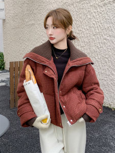 Red Plaid down Jacket Womens Winter Knitted Large Collar Short Bread Style Small Size Popular Straight Tube Long Sleeve