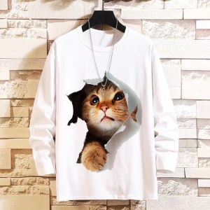 Autumn New Style Casual Long Sleeve T-Shirt Creative 3D Stereo Couple Base Shirt Men Women Student Trendy Cat Print Polyester Fiber