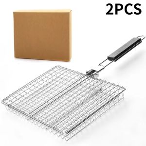 2Pcs Large Capacity Portable BBQ Grill Basket Folding Handle Barbecue Clip Multifunctional Grill Mesh Mat Picnic Party BBQ Tool