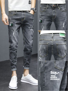 Black Elastic Denim Jeans Mens Trendy Brand Spring Autumn Style Slim Fit Casual Nine Point Pants Summer Wear Resistant Cotton Polyester Blend
