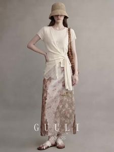GULILI | Beige Cross Knot Lace Linen Short Sleeve Top and Midi Skirt Outfit