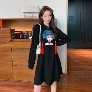 ชุดเดรสยาวทรงเอเอวสูงแขนยาวสไตล์ฤดูใบไม้ผลิและฤดูใบไม้ร่วงสำหรับผู้หญิงไซส์ใหญ่ ชุดกีฬาหลวมๆ ชุดกี่เพ้าสไตล์จีน