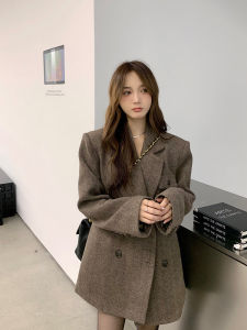 เสื้อโค้ทผ้าขนสัตว์ยาวปานกลางสไตล์ใหม่ฤดูใบไม้ร่วง/ฤดูหนาว สำหรับผู้หญิง เสื้อโค้ทผ้าขนสัตว์แบบสวมหัว ทรงเข้ารูป แขนยาว ปกตั้ง