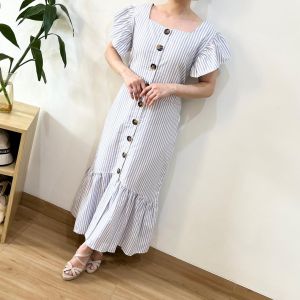 ●ECLAIRE● 063 Dress Midi Mermaid Duyung Ruffle-sleeves Square-neck Leher Persegi Motif Salur Stripe Garis-garis Kasual Casual Korea Pesta Mode Modis Feminim 644