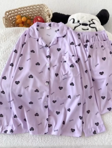 Korean Womens Soft Cotton Sweet Purple Heart Print Pajama Set - Breathable Casual Wearable Loungewear