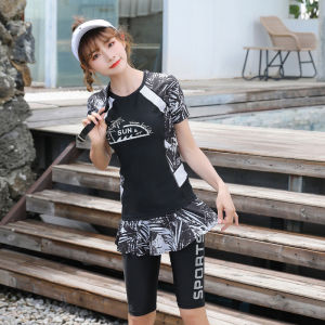 Luoke 2pcs Women Swimming Suit Korean Edition INS New Sports Split Conservative Skirt Style Five Piece Pants Cover The Belly and Show Thin Swimwear for Women with Chest Pad