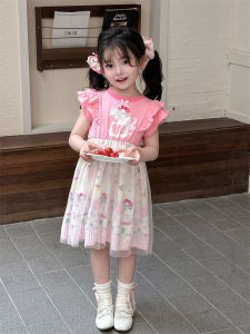 ชุดเดรสผ้าฝ้ายลายการ์ตูนสำหรับเด็กผู้หญิง ชุดเจ้าหญิงฤดูร้อน กระโปรงทรงเอ แขนสั้น ความยาวปานกลาง ระบายอากาศได้ดี ชุดเด็ก