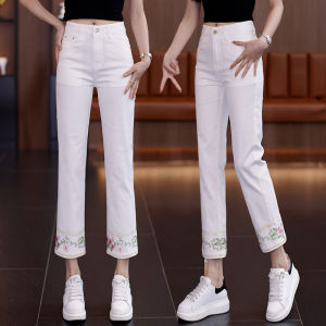High Waist Slimming Straight Leg Jeans Womens Summer Thin New Style Embroidered Eighteen Jeans Fashionable Casual Pants