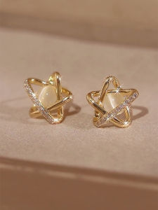 Elegant Simple Star Cats Eye Stone Stud Earrings Dazzling Small Precise Fashion Jewelry Gold Plated Cubic Zirconia Ear Jewelry