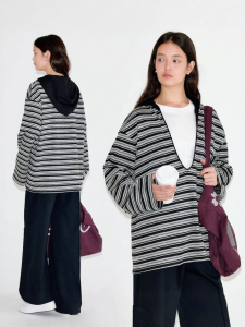 Fano | Áo Hoodie V-neck Rộng Dáng Rộng Có Mũ Kiểu Lazy Stripe Hai Mặt Cho Phụ Nữ
