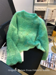 Womens Gradient Green Color Block Diamond Embellished Cashmere Sweater Long Sleeve round Neck Regular Fit Autumn Winter Fashion