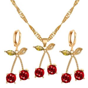 Ins Style Double Red Crystal Cherry Pendant Necklace for Women Cherry Earrings/Hair Ropes/Hair Claw CollectionFashion Party Wedding Jewelry set Gift