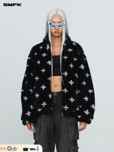 SMFK | Fluffy Cross Printed Lamb Look Jacket