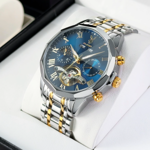PLAYBOY flagship store mens watch 2025 new fashion sun and moon phase mechanical watch hollow tourbillon luminous dial 42mm stainless steel strap