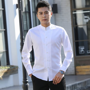 Chinese Stand Collar Shirt Mens Long Sleeves Pure Cotton Middle-Aged White Business Non-Ironing Zhongshan Suit Casual Men round Neck Shirt