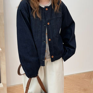 Slimming Loose Fit round Neck Denim Jacket Commute Essential Single Button Water Bottle Scorpion Design Cotton Long Sleeve