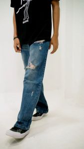 Otsky X Cavier Celana Jeans Pria Denim Fade Ripped Medium Loose Fit