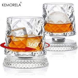KEMORELA 300ML Spinning Whiskey Glasses 2PCS Old Clear Glasses for Scotch & Bourbon Cocktail Glasses for Bar Party Home and Gift