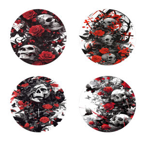 4 Skull-Printed Coasters Suitable for Daily Family Gathering Decoration Offices Anti-Slip Wooden Coasters and Festival Gifts