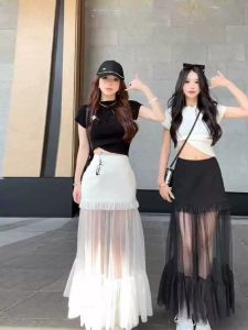 Áo Thun Tay Ngắn Thêu Hình Trái Tim Gợi Cảm Váy Lưới Nửa Thân Trên Dáng Chữ A Cạp Cao Mùa Xuân 2024 Áo Thun Nữ