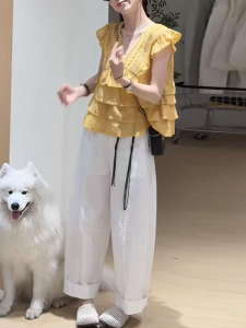 Shalldoer | Chic Korean Style Womens Summer Outfit V-neck Ruffle Short Sleeve Patchwork Straight Leg Pants Two-piece Set White