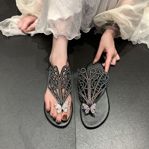 Large Size Womens Sandals Flat Bottom Slip-On Summer Beach Shoes Fashionable Diamond Fairy Style Roman Sandals for Outdoor Wear