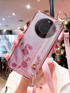 Huawei Mate60 pro Silicone Case Full Cover Protection Anti-Fall Soft Strap Diagonal Crossbody Lanyard Meta Stand Luxury Ins Style