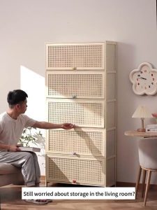 INS HOT Bamboo Storage Cabinet Rattan Door 3/4/5 Layers Bookshelf Organizer Dustproof Creamy style