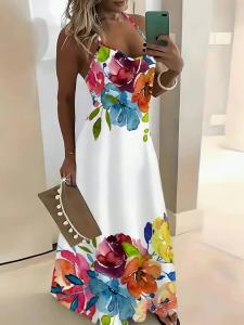 Printed Design Multicolor Red Blue Orange Green Purple Yellow Floral Watercolor White Spaghetti Strap Maxi Dress
