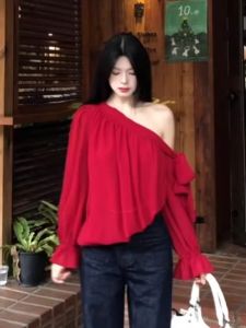 CHANGTONG | Unique Off-shoulder Red Shirt Loose