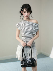 ARCG | Stylish American Striped Off-Shoulder Short Sleeve T-Shirt