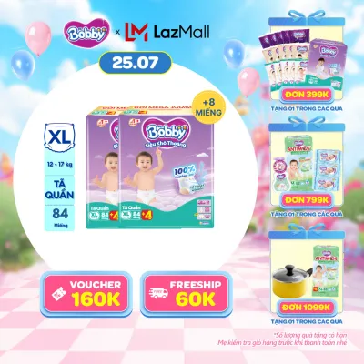 [SALE CUỐI THÁNG QUÀ TO][TẶNG MIẾNG NGẪU NHIÊN] Combo 2 Tã/bỉm quần Bobby 3mm Mega Jumbo Siêu khô thoáng XL84