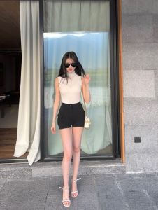 กางเกงขาสั้นผู้หญิงสีดำเอวสูงทรงหลวมสไตล์เซ็กซี่ กางเกงขายาวทรงหลวมผ้าฝ้ายผสมไนลอนสำหรับฤดูร้อนปี 2023