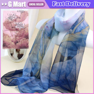 New Chiffon Scarf for Women Girls Students Summer Lotus Print Thin Scarves Soft Sunscreen Shawl Spring Female Wrap Shawls