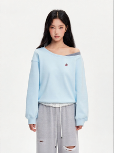 Embroidered Cross Shoulder Contrast Patchwork One-Shoulder Sweatshirt