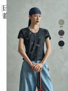 Chivalrous Style Mesh Panelled Ethnic Print Round Collar Womens T-shirt