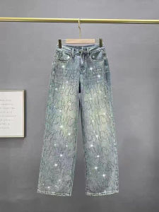 High Waist Wide Leg Jeans Womens Trendy 2024 New Autumn Heavy Embellished Floor Length Slimming Denim Pants Straight Cut
